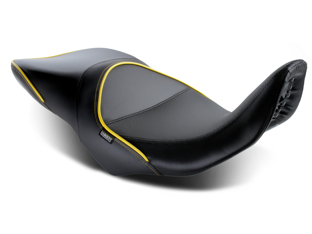 Sargent Cycle Products' REVolution OEM Motorcycle Seat Upgrade for the Suzuki V-Strom 800 2023+ shown with DTX/GZ, yellow welt, low version.